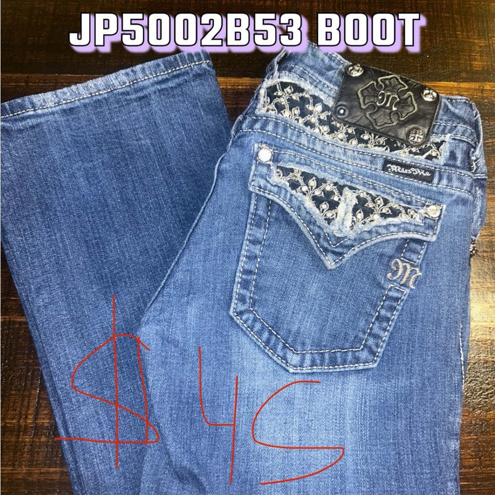 Miss Me Blue Boot Cut Jeans with Intricate Back Pocket Design